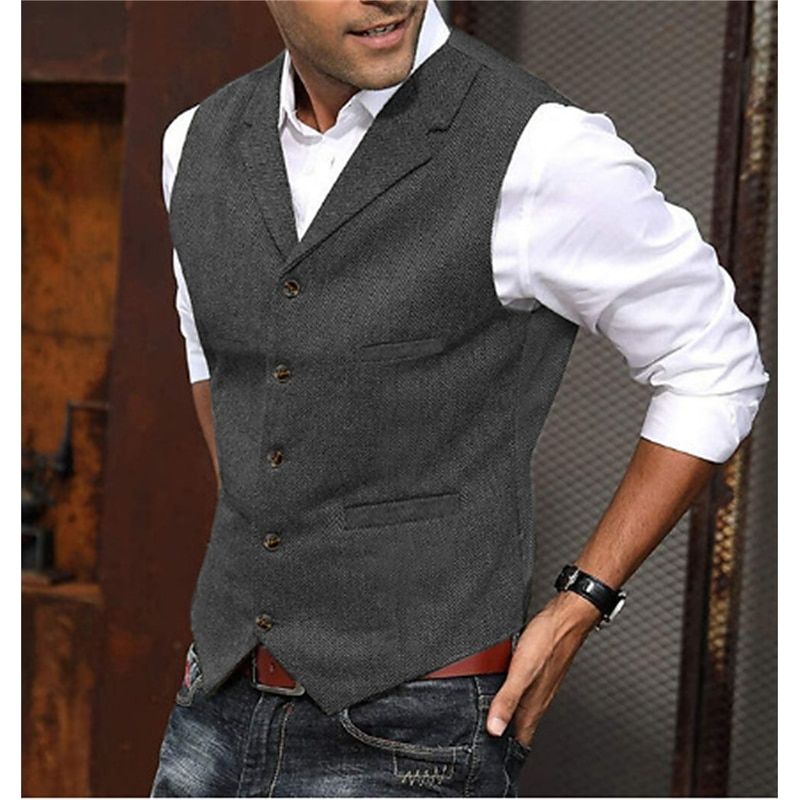 Men's Fashion Vest Herringbone Tailored Fit Notch Single Breasted Five-buttons Silver Black Red 20234