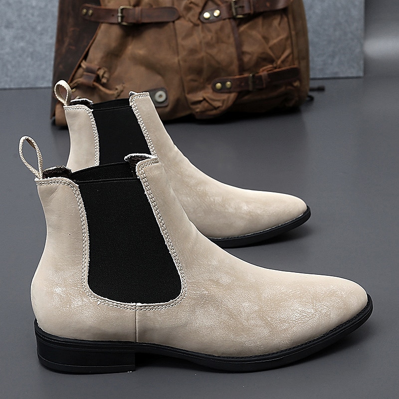 Men's Beige Chelsea Boots – Faux Leather with Elastic Side Panels and Pull-Tab Design for Casual and Semi-Formal Wear2