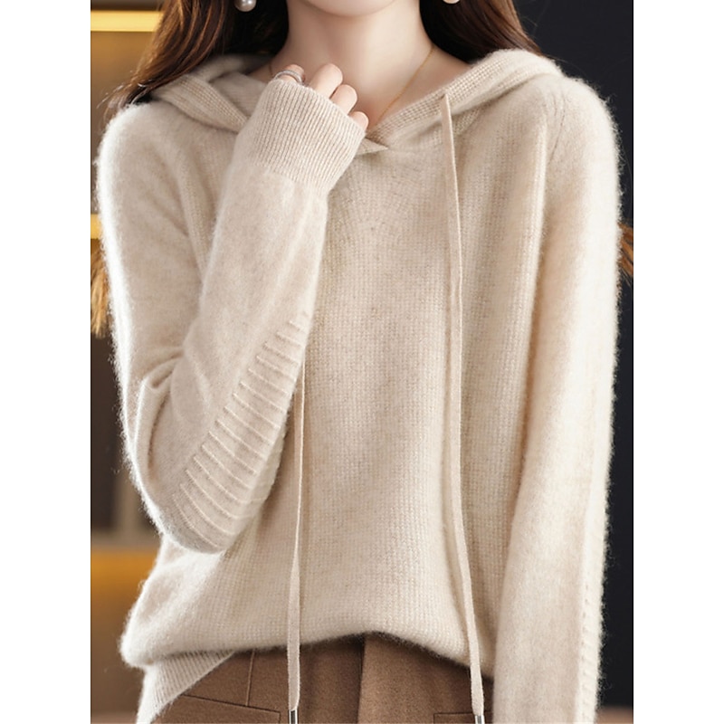 Women's Pullover Sweater Jumper Stylish Casual Soft Solid Color Ribbed Hooded Oversized Long Sleeve Regular Tops Knit Outdoor Daily Going out Black Camel Fall Winter