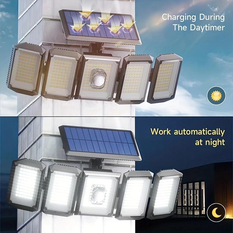 1PC Solar Wall Lamp with Remote Control, Outdoor Solar Projection Light, 5-head Solar 300LED Light, Outdoor Motion Sensor Waterproof Wide-angle Lighting Wall Lamp, Garden Courtyard Street Lamp4