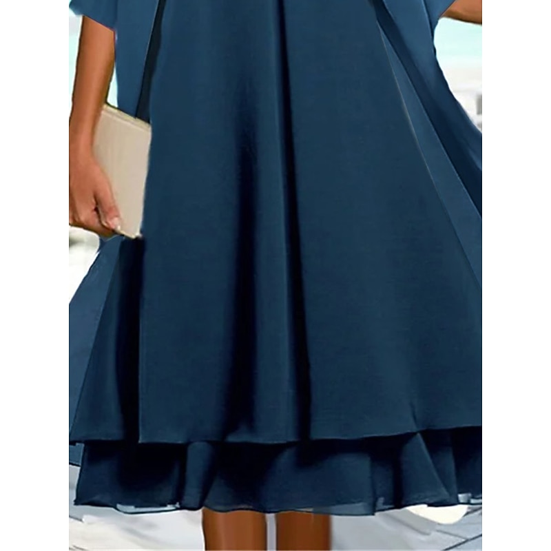 Women's Wedding Guest Cocktail Dress Chiffon Fashion Layered Casual  Elegant Two Piece Dress Set  Midi Fall Winter Dress Crew Neck 3/4 Length Sleeve Plain Navy Blue4