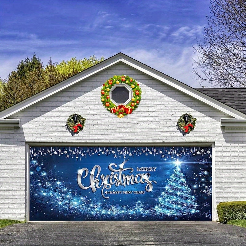 Christmas Door Decorations Outdoor Garage Door Cover Xmas Banner Blue Atmosphere Tree Large Backdrop Decoration Deer Door Cover Decoration for Holiday Outdoor Garage Door Home Wall Decorations4