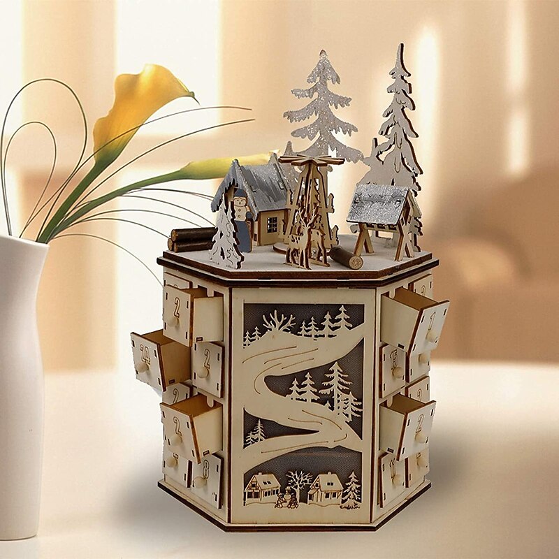 Christmas Advent Calendar, LED Revolving Music Box Advent Calendar Decorated with Christmas Tree Reindeer House LED Lights, Lighted Wooden Carved 24 Day Countdown to Christmas Calendar, 24 Storage Dra3