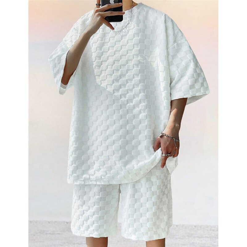 Men's T-shirt Suits Tracksuit Tennis Shirt Shorts and T Shirt Set Short Sleeves Crew Neck Summer Plaid Plain Gymnatics Casual 2 Piece Vacation Daily Wear Activewear Black White Gray Top Tee for Men