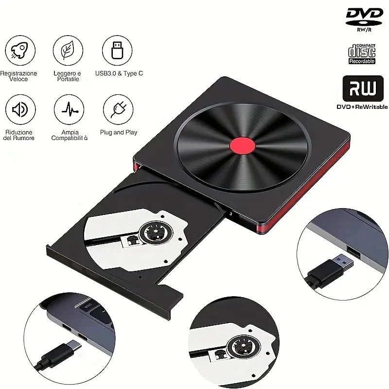 Portable USB 3.0 Type-C CD/DVD Drive with Protective Carrying Case - Compatible with Windows 11/10/8/7 Mac MacBook Pro/Air2