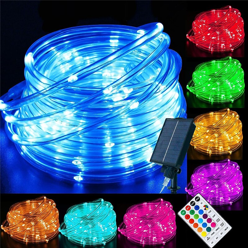 Solar 16-Color RGB Tube Light String 5M 10M Remote Control 7-Color Synchronous Light String Outdoor Waterproof Multi Color Tube Light String