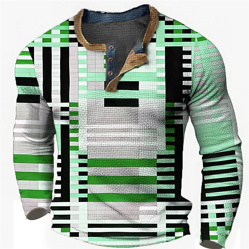 Men's Graphic Geometic Henley Shirt Waffle T Shirt Long Sleeve 3D Print Fashion Designer Casual Sports Outdoor Holiday Festival Spring &  Fall Blue Green Khaki Gray Henley Henley T-Shirt2