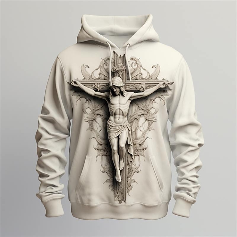 Men's Graphic Cross Faith Hoodie Hoodies Sweatshirt Fashion Daily Long Sleeve Hooded Vacation Sports Outdoor Holiday Black Khaki Print Front Pocket Spring &  Fall Designer