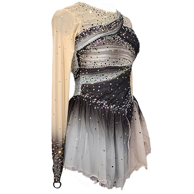 Figure Skating Dress Women's Girls' Ice Skating Dress Grey Patchwork Thumbhole Mesh Spandex Stretchy Training Practice Professional Skating Wear Crystal / Rhinestone Long Sleeve Figure Skating3