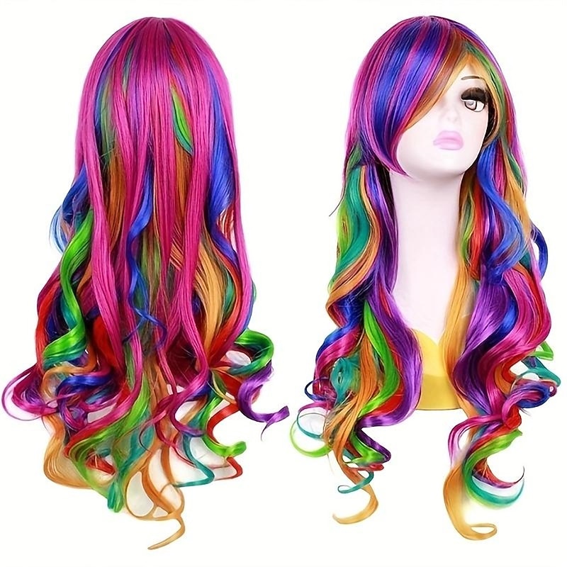 Synthetic Wig Curly Neat Bang Wig Long Wine Red Black A1 Blonde Synthetic Hair Women's Fashionable Design Cute Cosplay Blue Purple Green Halloween Wigs