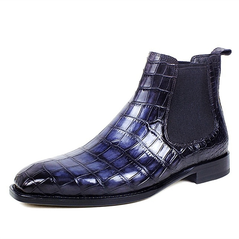 Men's Blue Crocodile Pattern Faux Leather Chelsea Boots – Sleek Slip-On Ankle Boots with Elastic Side Panels for Formal and Casual Wear