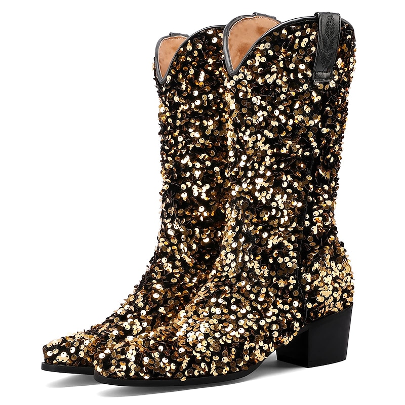 Women's Gold Sequin Western Cowboy Boots with Low Block Heel, Sparkly Party Dance Boots for Rodeos, Country Concerts and Nightclub Outfits2