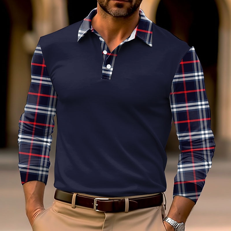 Men's Plaid Polo Shirts Golf Shirt Long Sleeve Polo Shirts Collared Shirts Business Casual WorkWear Formal Wear Festival Wear 3D Print Buttons Fall & Winter Black White Dark Navy
