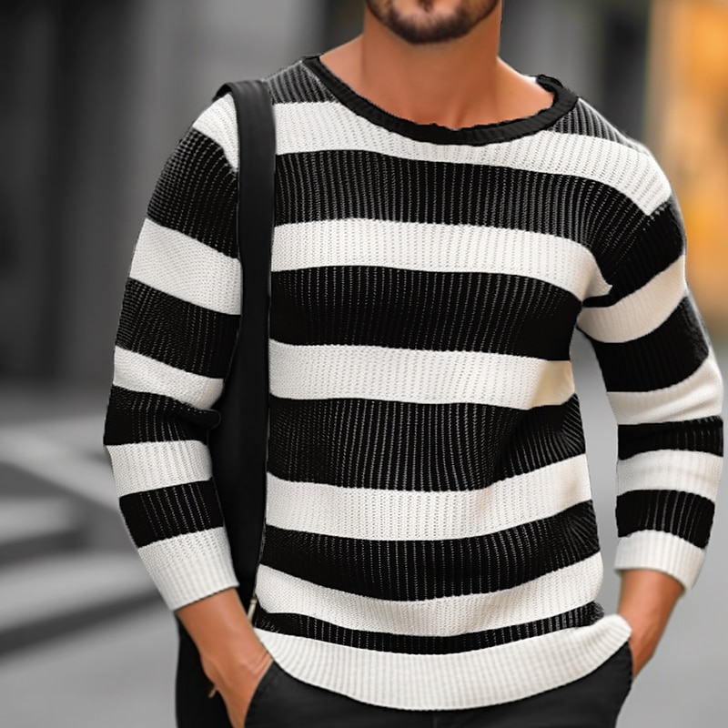 Men's Pullover Sweater Jumper Ribbed Knit Regular Knitted Striped Crew Neck Modern Contemporary Work Daily Wear Clothing Apparel Winter Black Red S M L2