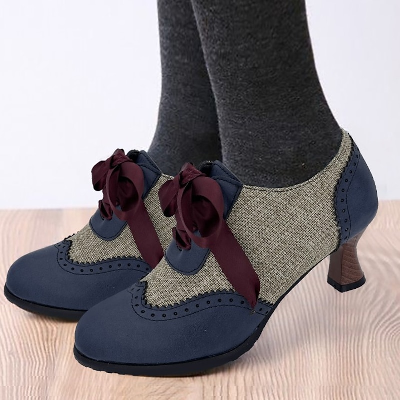 Women's Edwardian Vintage Oxford Heels with Ribbon Laces, Two-Tone Leather and Fabric Retro Dress Shoes for 1920s Inspired Outfits and Parties4