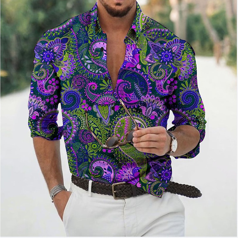 Men's Floral Shirt Button Up Shirt Long Sleeve Fashion Designer Casual Daily Holiday Going out Spring & Summer Turndown 3D Print Button-Down White Yellow Light Purple Purple4