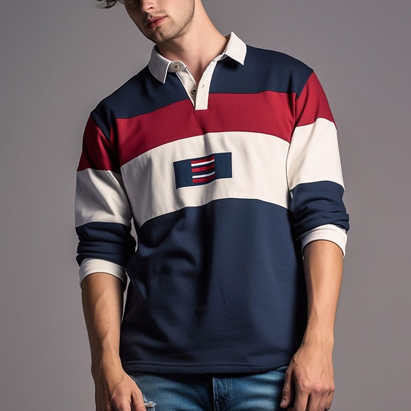 Men's Striped Rugby Polo Shirts Long Sleeve Polo Shirts Zip Casual Outdoor Casual Daily Streetwear 3D Print Fall & Winter Yellow Wine Red2