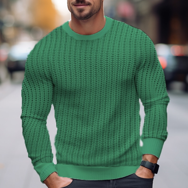 Men's Pullover Sweater Jumper Ribbed Crochet Knit Regular Knitted Plain Crew Neck Modern Contemporary Work Daily Wear Clothing Apparel Winter White Pink S M L