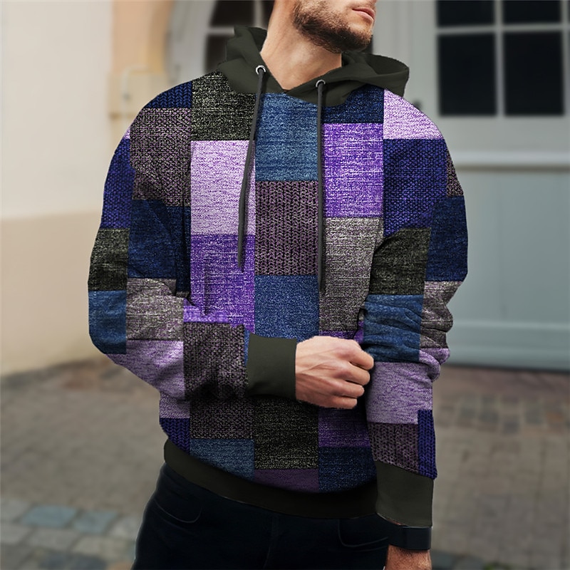 Men's Plaid Color Block Graphic Prints Hoodie Hoodies Sweatshirt Daily Classic Long Sleeve Hooded Holiday Going out Streetwear Red Purple Print Spring &  Fall Designer3