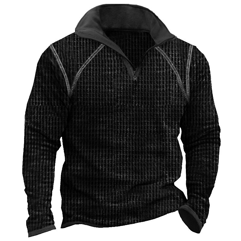 Men's Waffle Tee Waffle Shirt T Shirt Zip Half Shirt Long Sleeve Quarter Zip Spring &  Fall Plain Vintage Designer Basic Patchwork Vacation Street Going out Black khaki Army Green Top Tee for Men