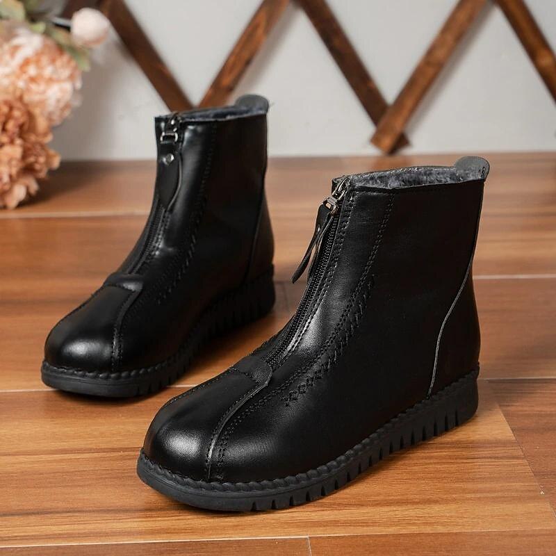 Women's Black Faux Leather Ankle Boots with Plush Fur Lining, Dual Zipper Design, and Non-Slip Sole for Winter Warmth and Comfort4