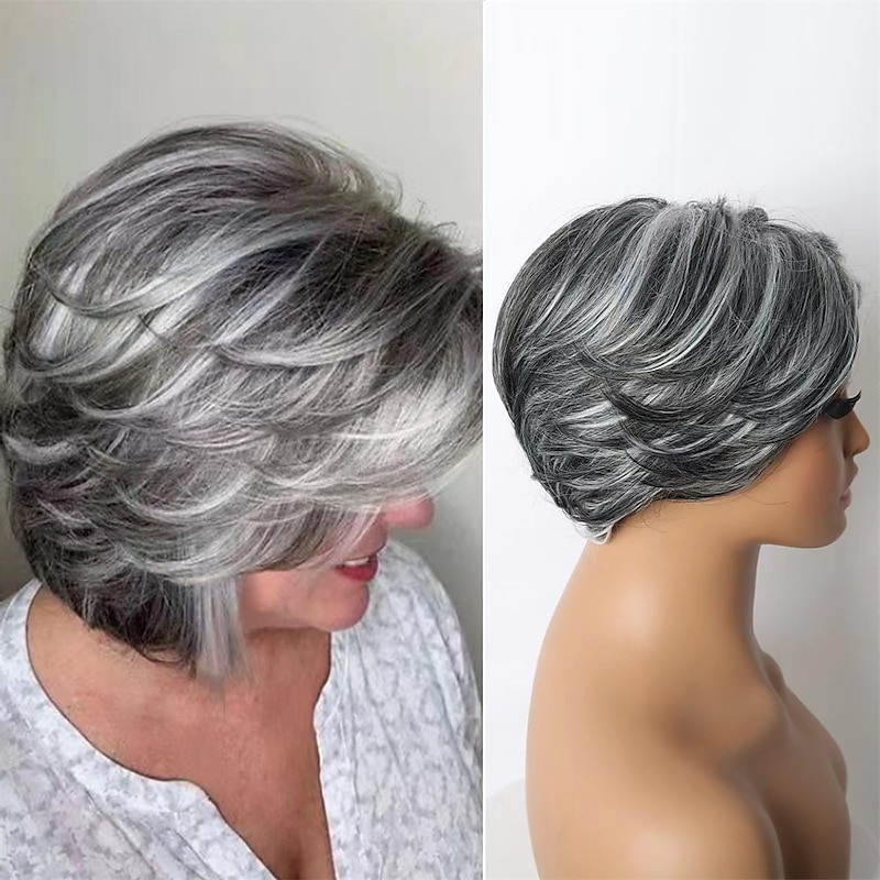 Short Dark Gray Bob Wigs Wavy Layered Bob Wig with Curtain Bangs for Women Synthetic Highlight Sliver Ombre Grey Bob Wig Pixie Cut Wig Gray Hair Wigs for Women Black Mixed Gray Wavy Wig2