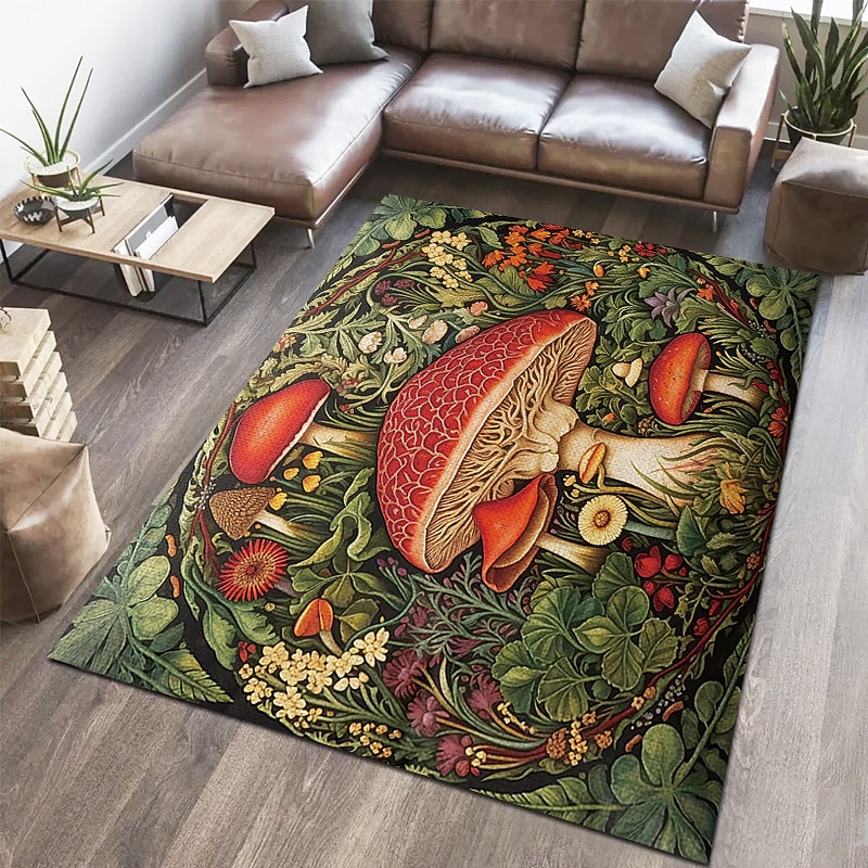 Floral Mushrooms Floor Mat Rug Area Rug Black Carpet Illusion Flannel Rugs Ultra Soft Non-Slip Rug for Room Deco
