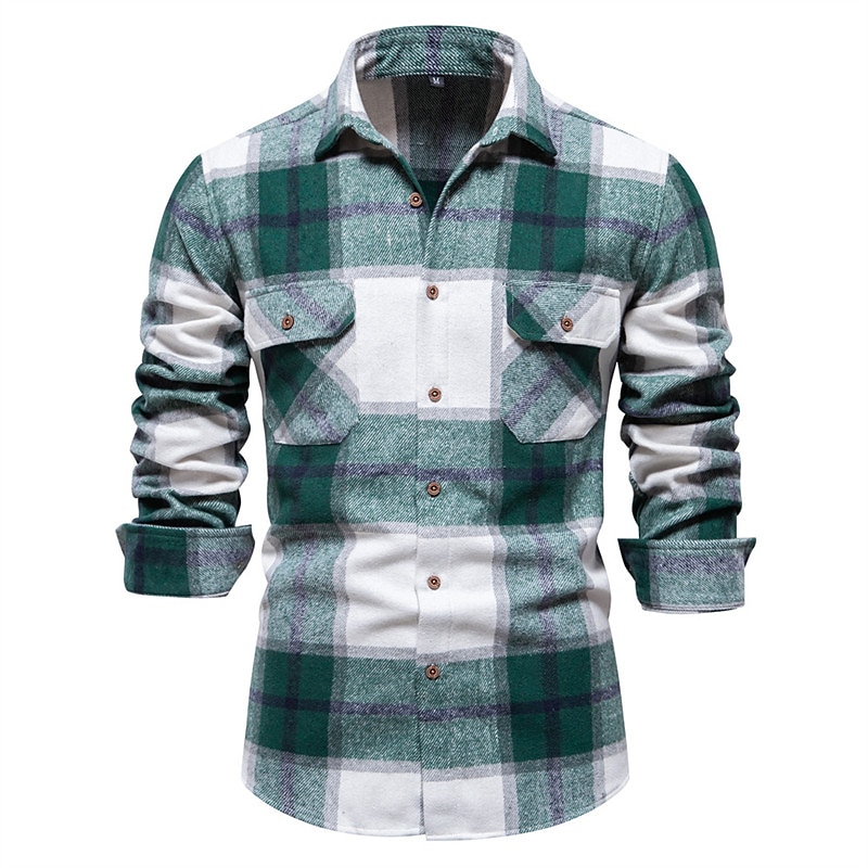 Men's Shirt Flannel Shirt Plaid Shirt Shirt Jacket Overshirt Shacket Plaid / Check Outdoor Daily Wear Light Blue White Navy Blue Green Long Sleeve Lapel Fall & Winter Clothing Apparel Pocket4