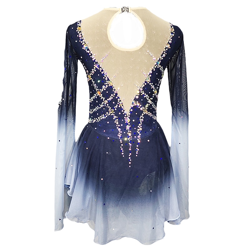 Figure Skating Dress Women's Girls' Ice Skating Dress Blue+Light Blue Patchwork Open Back Mesh Spandex Stretchy Training Practice Professional Skating Wear Crystal / Rhinestone Long Sleeve Figure2
