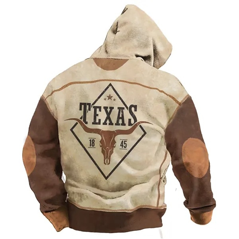 Men's Graphic Color Block Cowboy Hoodie Hoodies Sweatshirt Fashion Daily Long Sleeve Hooded Vacation Sports Outdoor Holiday Blue Brown Print Front Pocket Spring &  Fall Designer