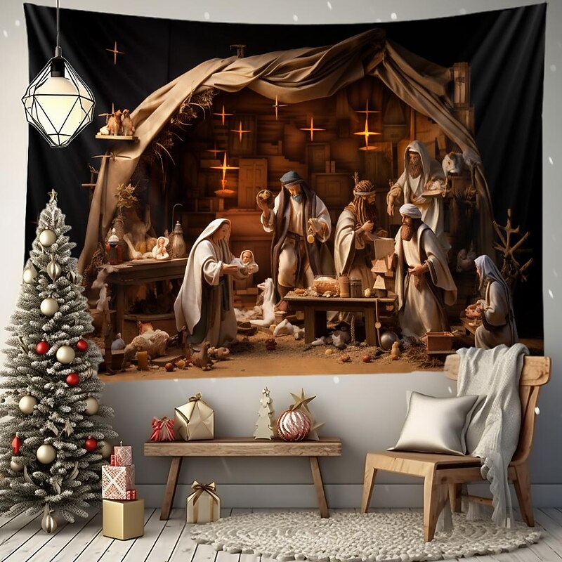 Christmas Decorations Nativity Baptism Hanging Tapestry Wall Art Xmas Large Tapestry Mural Decor Photograph Backdrop Blanket Curtain Home Bedroom Living Room Decoration3