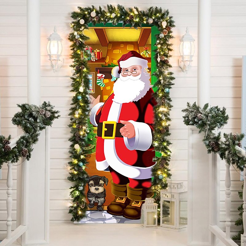 Christmas Door Cover Funny Santa Claus Elves Door Hanging Covers Santa Backdrop Christmas Background Banner for Christmas Party Decorations2