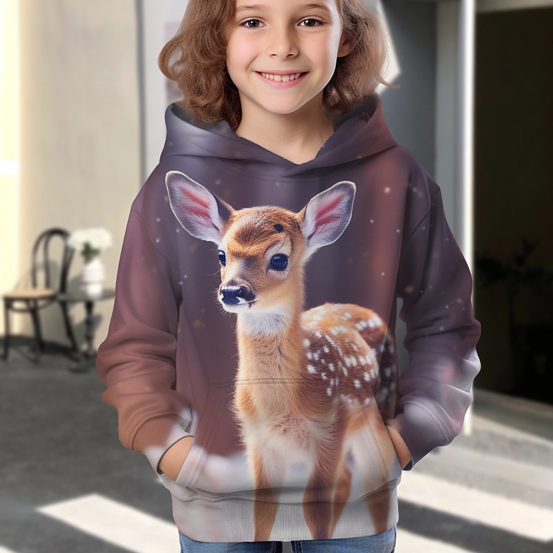 Girls' 3D Animal Cartoon Deer Christmas Hoodie Hoodie Pullover Long Sleeve 3D Print Fall Winter Active Fashion Cute Kids 3-12 Years Outdoor Casual Daily Regular Fit4