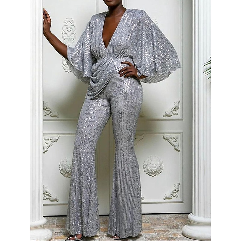 Women's Jumpsuit High Waist Sequin Sparkly Solid Color V Neck Elegant Wedding Party Disco Regular Fit 3/4 Length Sleeve Silver S M L Fall2