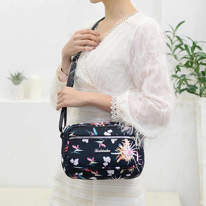 Women's Crossbody Bag Shoulder Bag Dome Bag Nylon Outdoor Daily Holiday Zipper Large Capacity Waterproof Lightweight Geometric Flower Folk Blue flower Pink flowers geometry2
