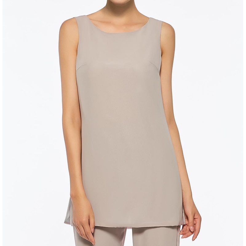 Pantsuit 3 Piece Mother of the Bride Elegant Plus Size Floor Length Chiffon Sleeveless Wrap Included with Solid Color to impress3