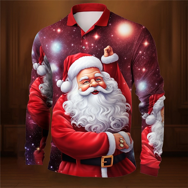 Christmas Men's Santa Claus 3D Polo Santa Claus Elk Casual Print 3D Golf Outdoor Casual Daily Streetwear Polyester Long Sleeve Turndown Shirts Dark Navy Ocean Blue Fall & Winter S M L Micro-elastic - Main Image