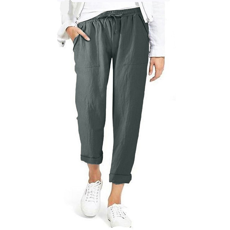 Women's Pants Trousers Capri shorts Baggy Faux Linen Solid Colored Baggy Ankle-Length Mid Waist Basic Casual Daily Black Wine S M Summer Spring &  Fall2
