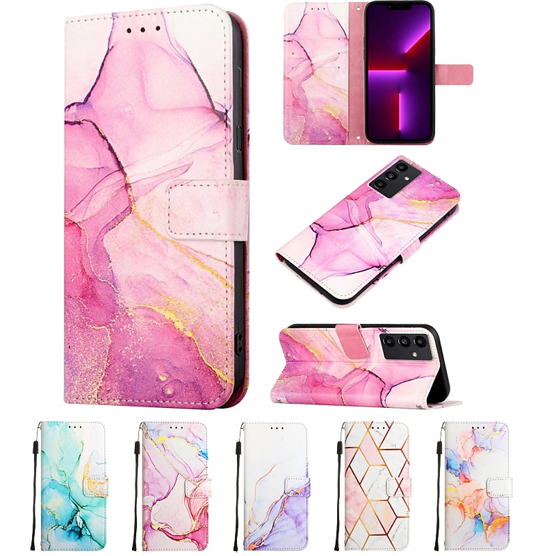 Phone Case For Samsung Galaxy S25 S24 S23 S23 FE S22 S21 Ultra Plus A54 A33 A23 A12 Wallet Case Full Body Protective Card Slot Holder Stand Shockproof Graphic Marble TPU PU Leather