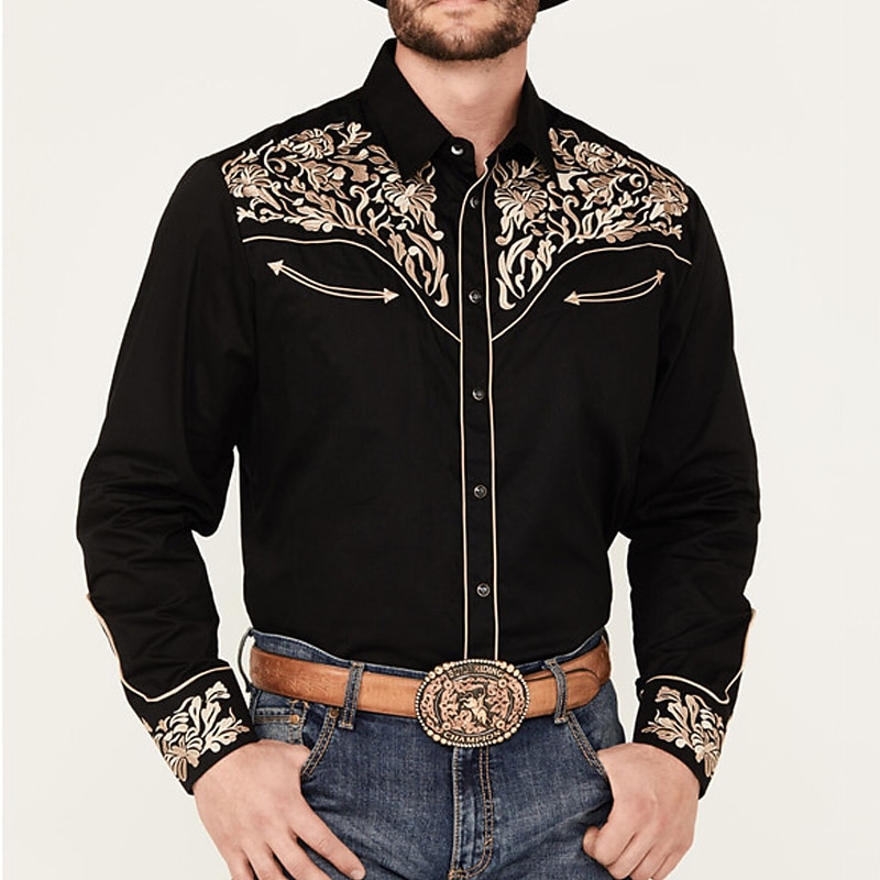 Men's Shirt Western Shirt Cowboy Shirt Long Sleeve Western Style Outdoor Street Casual Daily Fall & Winter Turndown Buttons Print Black