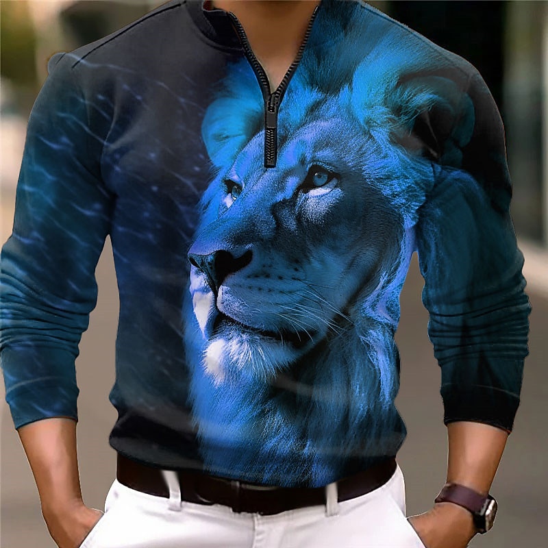 Men's Lion Zip Polo Long Sleeve Polo Shirts Zip Abstract Outdoor Casual Daily Streetwear 3D Print Fall & Winter Blue Orange Green2