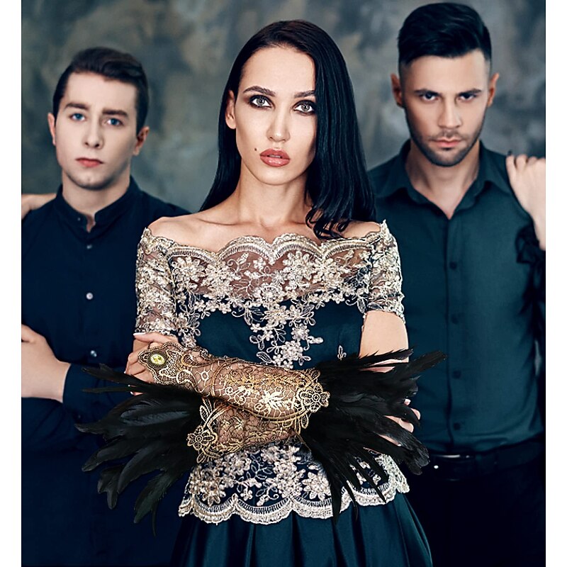 1 Pair Lace Feather Gloves Retro Vintage Punk & Gothic Long Gloves Feather Lace Witch Maleficent Women's Lace Cosplay Costume Masquerade Party Evening3