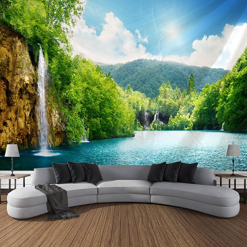 Forest Landscape Waterfall Hanging Tapestry Wall Art Large Tapestry Mural Decor Photograph Backdrop Blanket Curtain Home Bedroom Living Room Decoration