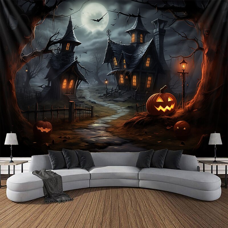 Halloween Decorations Wall Art Large Tapestry Mural Photo Background Blanket Curtains Bedroom Living Room Decoration Horror Pumpkin Monster Graveyard Haunted House3