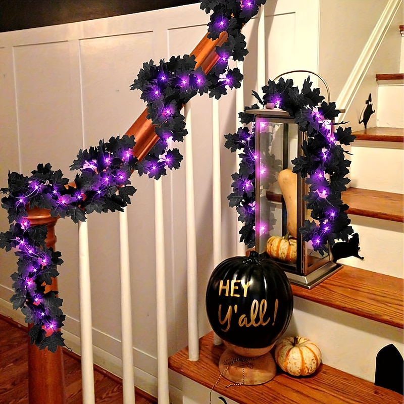 Black Garland Halloween 10FT Black Vines Maple Leaf with Purple Lights for Fireplace Stairs Party Hanging Decor