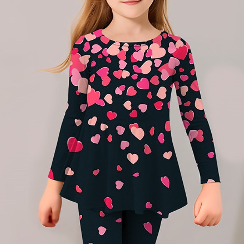 Girls' 3D Heart T-shirt & Legging Ruffle Dress Set Long Sleeve 3D Print Fall Winter Active Fashion Daily Kids 3-12 Years Outdoor Vacation Date Regular Fit4