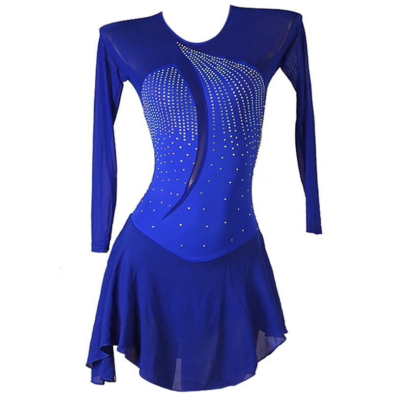 Figure Skating Dress Women's Girls' Ice Skating Dress Black Royal Blue Patchwork Open Back Mesh High Elasticity Training Competition Skating Wear Classic Long Sleeve Ice Skating Figure Skating2