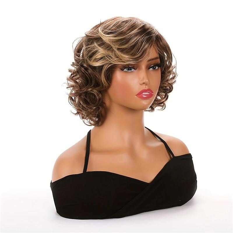 Synthetic Wig Curly Neat Bang Wig Blonde Short Blonde Synthetic Hair Women's Soft Natural Adjustable Blonde3