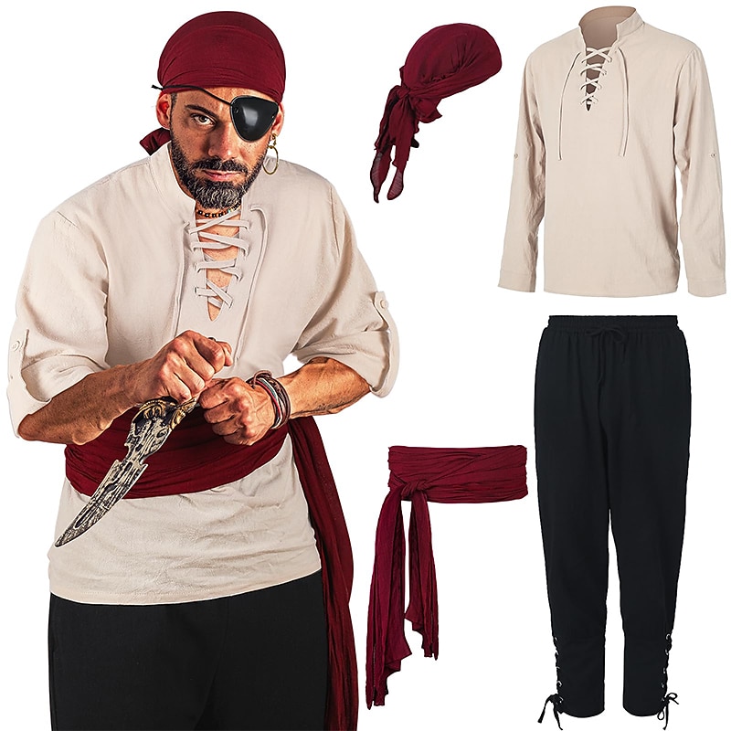 Retro Vintage Medieval Renaissance Pants Waist Belt Shirt Pirate Viking Ranger Fancy Dress Men's Pirate Halloween Carnival Party Adults' Shirt Pants Headwear All Seasons