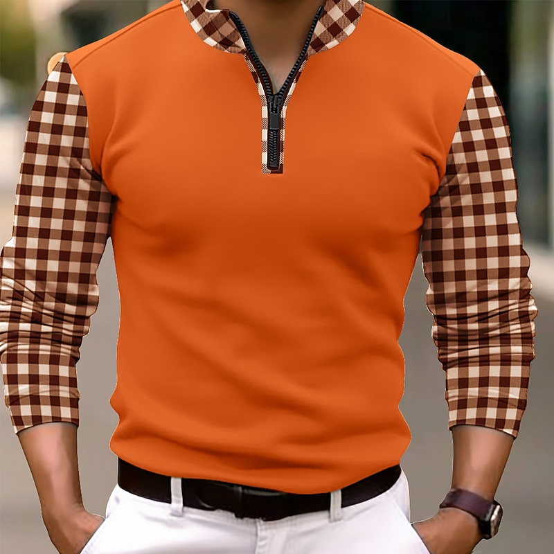Men's Polo Shirts Quarter Zip Polo Vacation Work Lapel Long Sleeve Fashion Comfortable Color Block Plaid / Check Zip Up Spring &  Fall Regular Fit Black Orange Polo Shirts3
